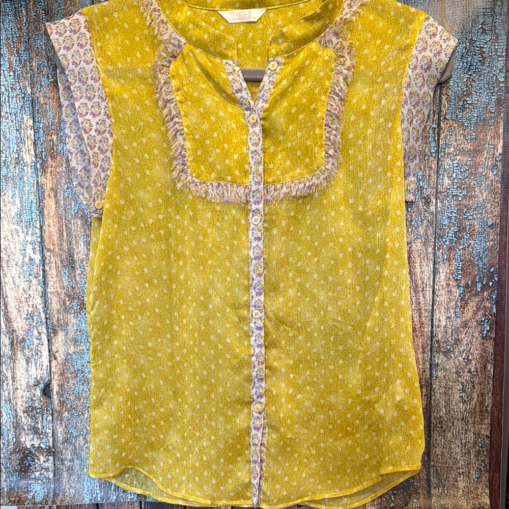 Yellow and Fliral Cap Sleeve Sheer Ruffled Blouse with Bib Collar